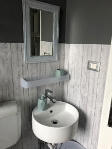 een badkamer met een wastafel, een toilet en een spiegel bij Appartamento Farfalla Sara pala inalpi in Turijn +7 foto's