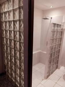 een badkamer met een douche en een douchegordijn bij Casa Aldea in San José