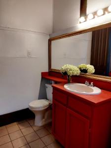 een badkamer met een rode wastafel, een toilet en een spiegel bij Casa Aldea in San José
