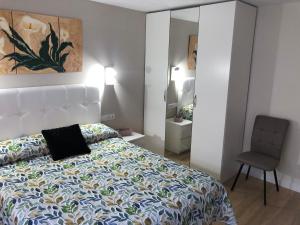 a bedroom with a bed and a chair and a mirror at Piso céntrico León 2 in León