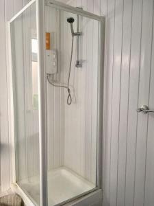 a shower with a glass door in a bathroom at Hillcrest Cottage, comfy flat, trendy Uplands area in Swansea