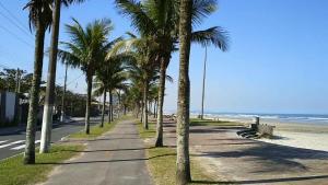 un trottoir bordé de palmiers à côté de la plage dans l'établissement Casa Praia Grande - Solemar, à Praia Grande