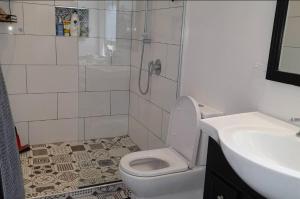 a bathroom with a shower and a toilet and a sink at Turret House in Featherston