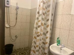 a bathroom with a shower curtain and a sink at Traditional Filipino Home near 100 Islands Wharf in Alaminos