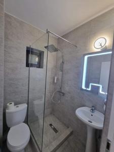 a bathroom with a shower and a toilet and a sink at Hotel AMA WORLD in Constanţa