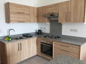 a kitchen with wooden cabinets and a sink and a stove at BR COURT-PARKVIEW SODNAC in Quatre Bornes