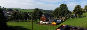 uma casa grande num campo verde com árvores em Pension Gerlach em Seiffen