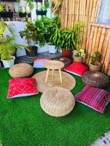 a green field with a table and some plants at Joyful Hut with Netflix and Perfect Sunrise View Maya, Daanbantayan 