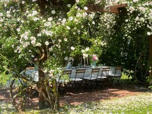 a table and chairs sitting under a tree with roses at I Ginepri exclusive CountryHouse, 15pax, private pool, Aulla in Serricciolo