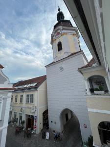 ein Gebäude mit einem Uhrturm darüber in der Unterkunft Hagmann's Altstadt Appartement in Krems an der Donau