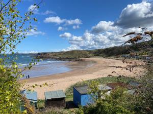 a beach with a blue house and the ocean at 1 The Bay - Stunning contemporary flat on the Scottish coast in Coldingham