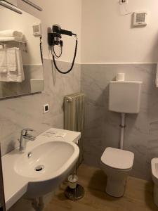 a bathroom with a sink and a toilet and a shower at Hotel Nevada in Tarvisio