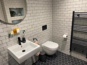 a bathroom with a sink and a toilet at 1 The Bay - Stunning contemporary flat on the Scottish coast in Coldingham