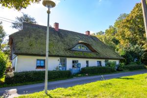 a cottage with a thatched roof on a street at Lütt Stuuv am Dorfanger in Barth +25 photos
