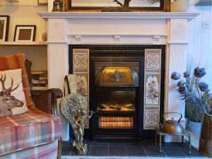 a living room with a fireplace with a fire at MacLeen Cottage in Arrochar