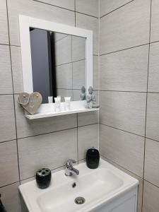 uma casa de banho com um lavatório e um espelho em Le Studio D'Edouard em Urschenheim