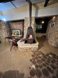 a fireplace in a living room with a stone wall at Limonaia in Salento in Marittima