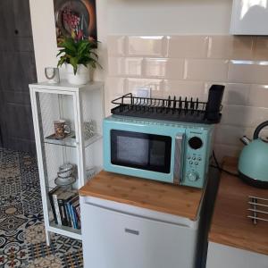 a microwave oven sitting on top of a refrigerator at Apartament u Olechny 3 in Bydgoszcz