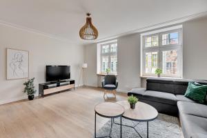 a living room with a couch and a tv at Downtown Apartments Old Town Mariacka in Gdańsk
