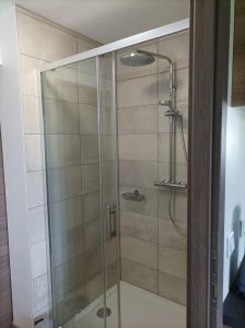 a shower with a glass door in a bathroom at Gîte Massatho tout confort avec jardin in Fay-en-Montagne