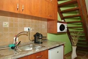 cocina con fregadero y estante en Nefelejcs Apartman, en Gyula