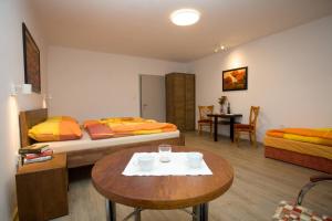pokój z dwoma łóżkami i stołem w obiekcie apartmany Zak w mieście Frymburk