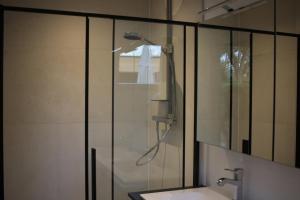 a shower with a glass door next to a sink at The Suite Escape Apartment Sand in Sint-Lievens-Houtem