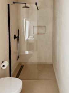 a bathroom with a shower and a toilet and a sink at Casa dos Mercados in Olhão