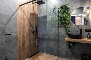uma casa de banho com um chuveiro, um lavatório e um espelho. em Krakowskie30 Loft2 na deptaku em Lublin