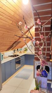 a kitchen with blue cabinets and a tree with pink flowers at Kuća za odmor Delak in Fužine