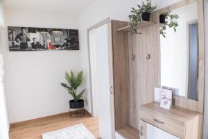 a room with a wooden cabinet and a potted plant at T&K Apartments near Messe Fair Trade Düsseldorf und Airport 1B in Duisburg