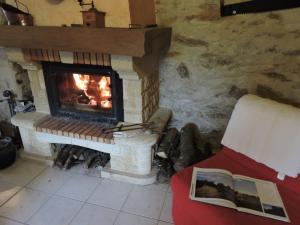 a stone fireplace in a room with a bed and a book at Gîte LA FENIAL in Montredon-Labessonnié