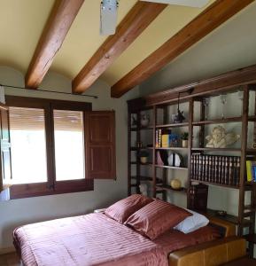een slaapkamer met een bed en een boekenplank bij Cal Colina - Karaktervol landhuis met privé zwembad in Pacs del Penedes