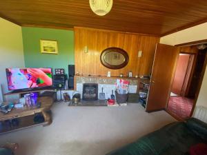 a living room with a couch and a fireplace at Shalom bungalow Falcarragh Mountain View Oldtown in Falcarragh