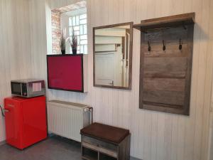 Habitación con nevera roja y espejo. en Gemütliches Zimmer mit eigenem Bad und Küche, en Swisttal