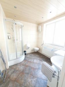 Gemütliches Zimmer mit eigenem Bad und Küche في Swisttal: حمام مع دش ومرحاض ومغسلة