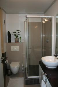 a bathroom with a shower and a toilet and a sink at The Quadrant, G505 in Cape Town