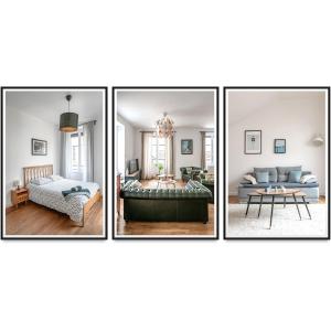 Quatre photos d'un salon avec un canapé et une table dans l'établissement Grande Maison Vichy - Maison ou Appartements en Centre ville, à Vichy