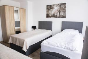 T&K Apartments near Messe Fair Trade Düsseldorf und Airport 2A في دويسبورغ: غرفة فندقية بسريرين ومرآة