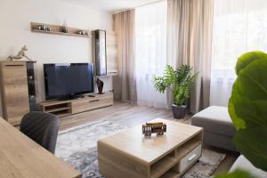 uma sala de estar com uma televisão e uma mesa em T&K Apartments near Messe Fair Trade Düsseldorf und Airport 2A em Duisburg