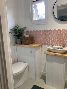 a bathroom with a sink and a toilet and a mirror at Seaside 1 Bed Studio Conversion in Selsey
