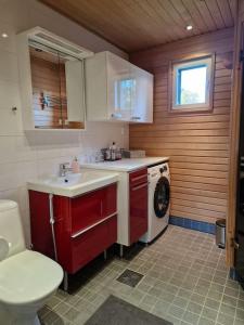 a bathroom with a sink and a washing machine at Villa Silve, yhden makuuhuoneen omakotitalo. in Lohja