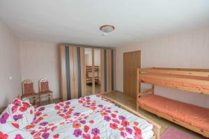 a bedroom with a bed and a bunk bed at Bungalow Krebs in Hasselfelde +2 photos