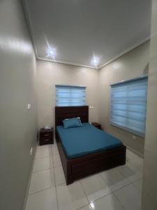 a bedroom with a bed with blue sheets and two windows at Exquisite 2 bedroom apartment in Abuja