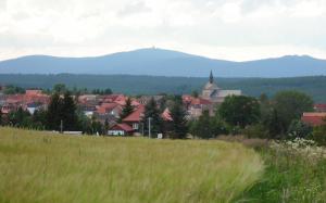 a town in a field with mountains in the background at Ferienwohnung Nichau in Hasselfelde