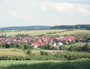 a village in the hills with red roofs at Ferienwohnung Nichau in Hasselfelde