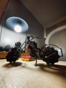 a motorcycle parked in a room with a light at CAMP&HOSTEL Antalya in Antalya