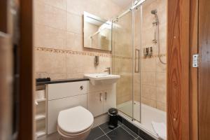 a bathroom with a toilet and a sink and a shower at The Windmill Inn in Watchet