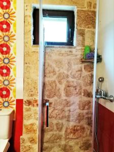 a bathroom with a shower with a window at Stonehouse dome Lagadia in Lagkadia