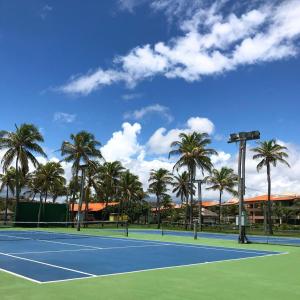 un court de tennis avec des palmiers en arrière-plan dans l'établissement Apartamento Aquaville Resort by WL Temporada, à Aquiraz